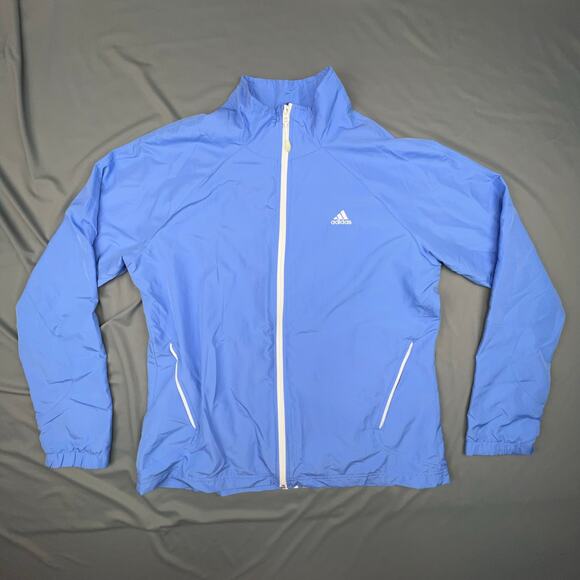Adidas Women's Full Zip Running Jacket Large Blue Windbreaker 3 Stripes - Picture 1 of 7
